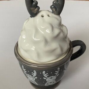 Temptations Gray White Holiday Mug w/Reindeer Lid Stacking Salt & Pepper Shakers